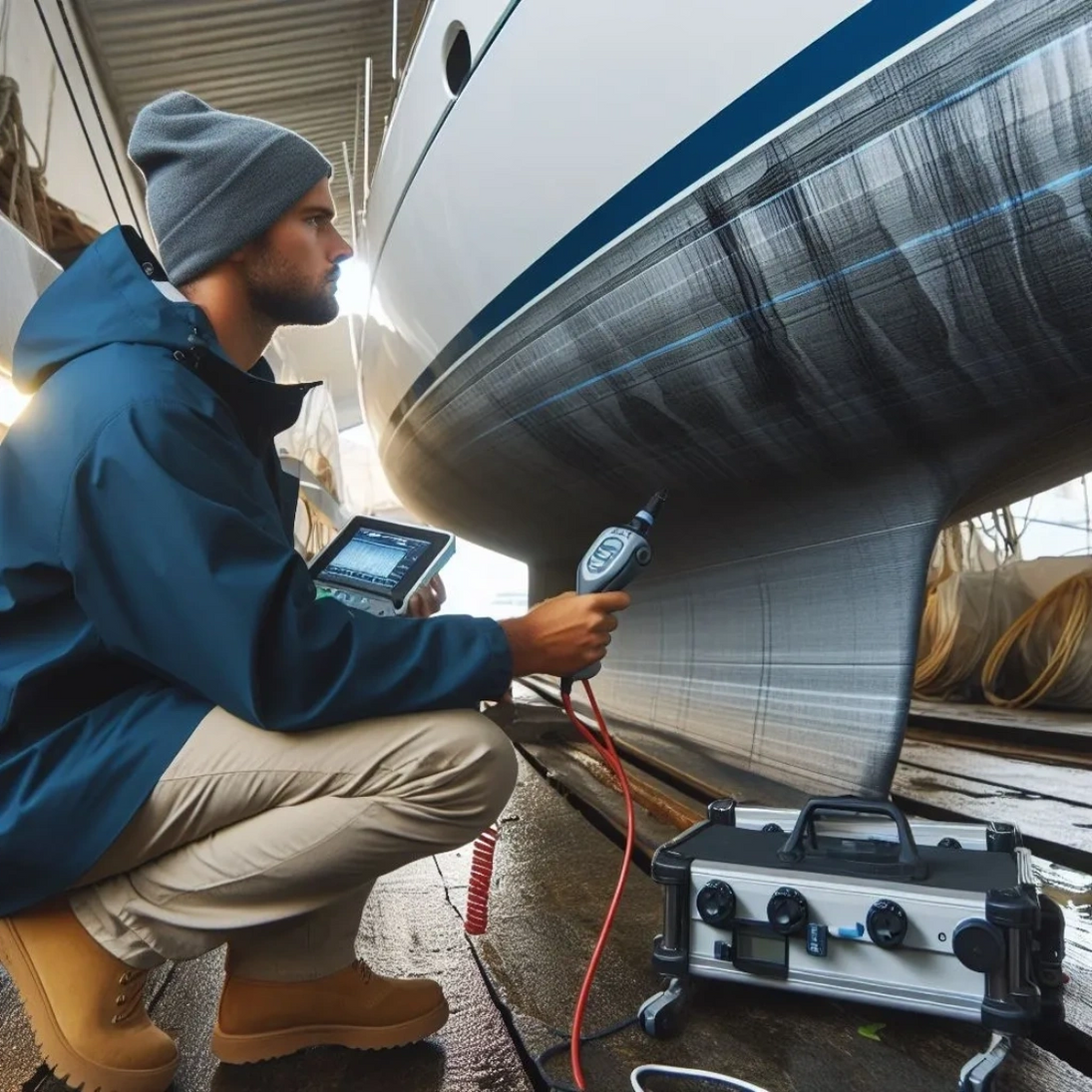 Perito naval inspeccionando el casco de una embarcación comonevaluación pre-compra